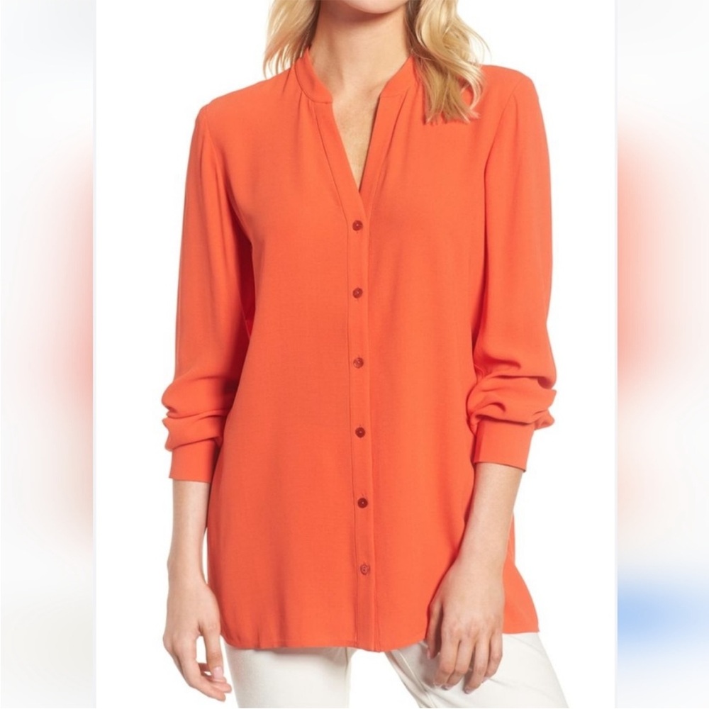 EILEEN FISHER 100% SILK BUTTON UP  V-NECK SIDE SLITS SHIRT RED/ORANGE SZ S